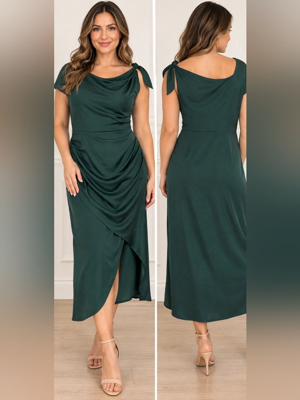 Dark Green Draped Midi Dress with Tie Shoulders